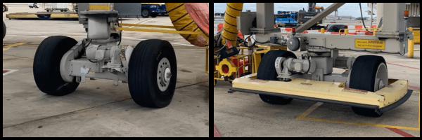 Side-by-side photos of airport jetway wheels, one unguarded and one equipped with safety guarding to prevent crush and degloving injuries.